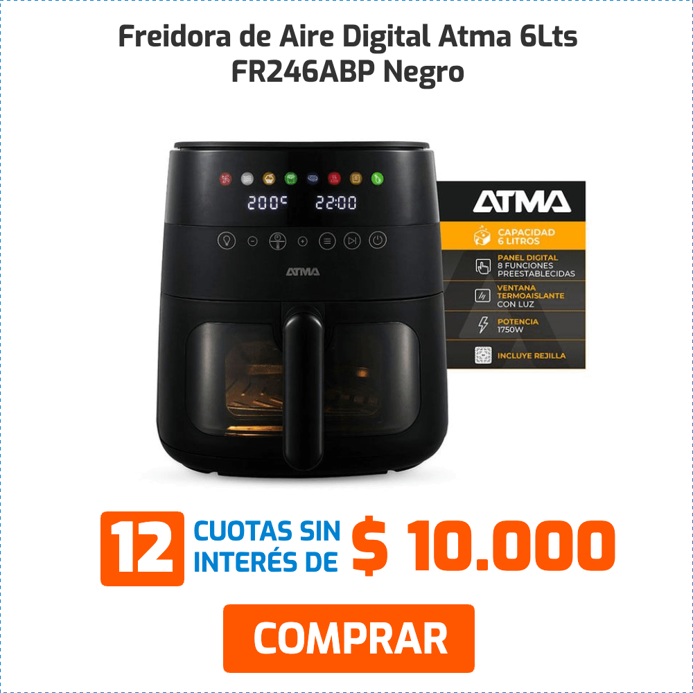 Freidora de Aire Digital Atma 6Lts FR246ABP Negro 12 CUOTAS SIN INTERÉS DE $ 10.000 COMPRAR CAPACIDAD 6 LITROS PANEL DIGITAL 8 FUNCIONES PREESTABLECIDAS VENTANA TERMOAISLANTE CON LUZ POTENCIA 1750W INCLUYE REJILLA